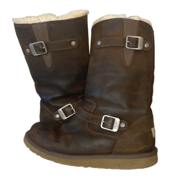 UGG AUSTRALIA KENSINGTON BROWN SHEEPSKIN LEATHER SIDE ZIP BUCKLE BOOTS, SIZE 5. - Picture 2 of 10